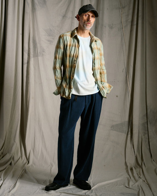 cotton linen herringbone aging wide trousers