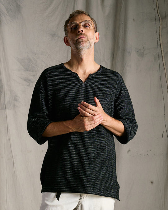 textured knit key-neck H/S
