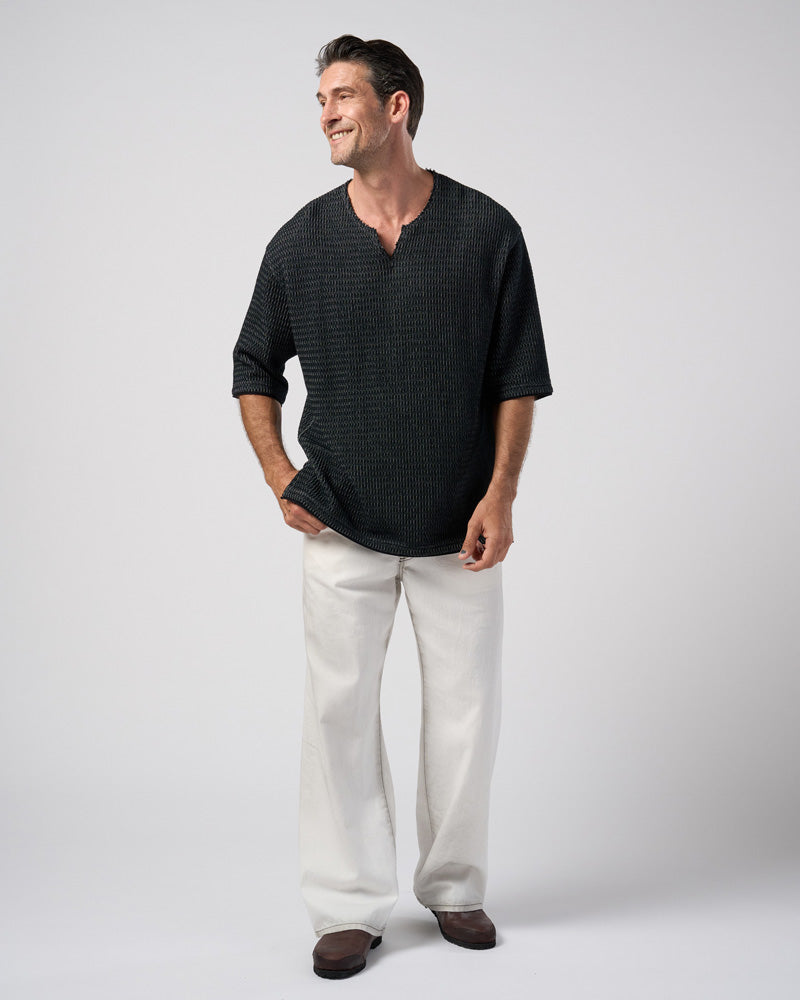 textured knit key-neck H/S