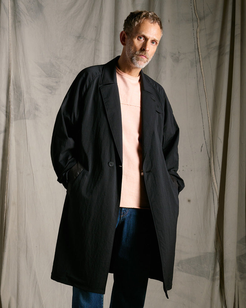 textured nylon double breasted coat
