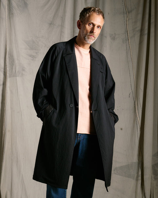 textured nylon double breasted coat