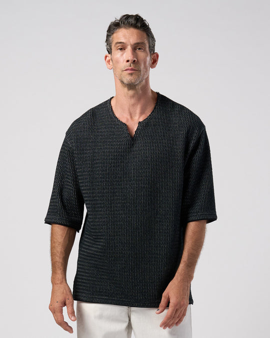 textured knit key-neck H/S